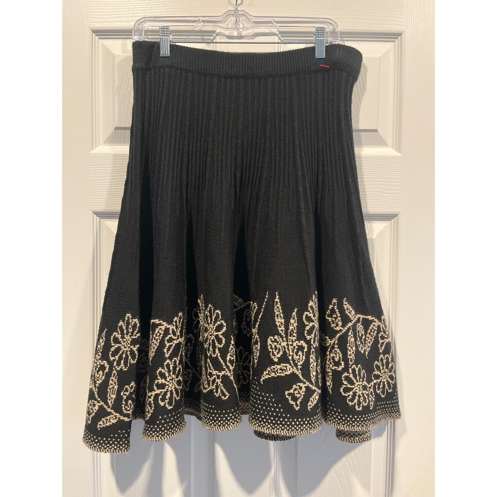 Slant Annie Sez Black Floral Knit A-Line Skirt Ribbed Waistband Medium